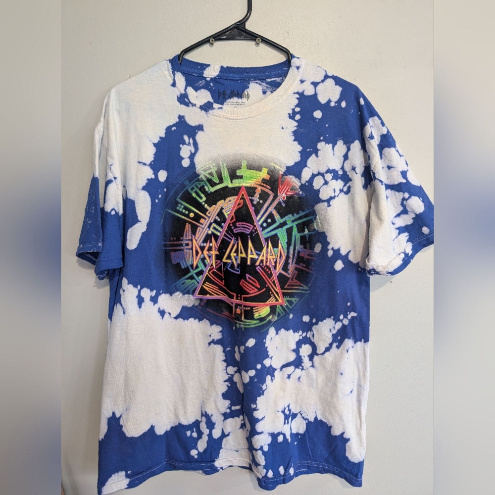 Def Leppard Hysteria Neon Band T-Shirt Blue And White Bleach Tie Dye XL NWOT